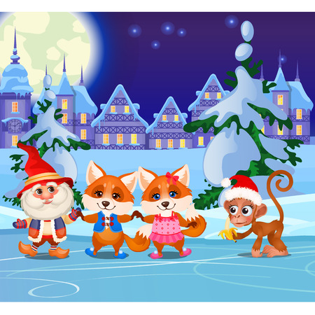 Funny animals and animated gnome on the ice rink tonight. Sports entertainment winter playground in the village. Sample of Christmas poster, party invitation and other cards. Vector cartoon close-upのイラスト素材