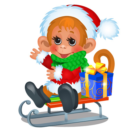 Cute monkey dressed as Santa Claus riding on a sled with gift box isolated on white background. Sketch of Christmas festive poster, party invitation, holiday card. Vector cartoon closeup illustrationのイラスト素材