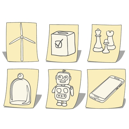 Set of drawings in children style on sheets of paper isolated on white background. Vector cartoon close-up illustration.のイラスト素材