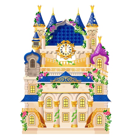 Fairytale castle festively decorated with flowers and golden watch isolated on whiteのイラスト素材