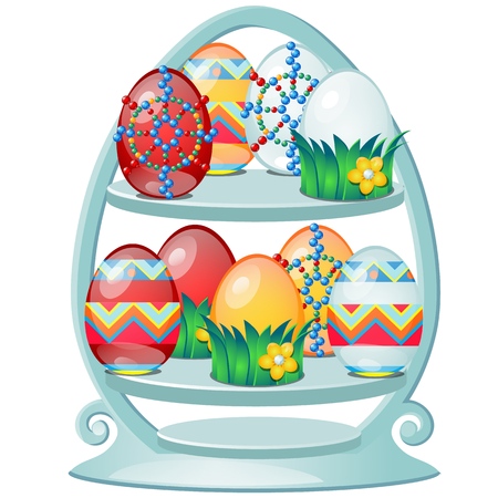 Set of colorful Easter eggs with patterns on a stylized shelf isolated on white background. Vector cartoon close-up illustrationのイラスト素材