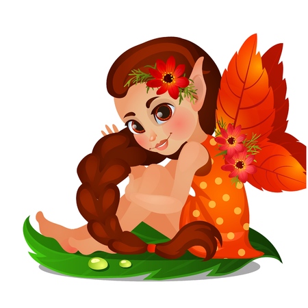 Beautiful animated girl with fairy wings and flowers isolated on white background. Vector cartoon close-up illustrationのイラスト素材