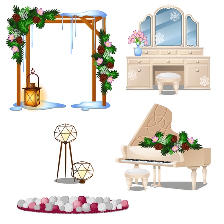 Set of vintage furniture interior items isolated on white background. Vector cartoon close-up illustrationのイラスト素材
