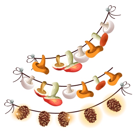 Mushrooms and cones are dried on a rope isolated on white background. Vector cartoon close-up illustrationのイラスト素材
