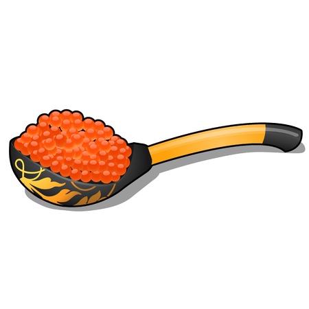 Wooden spoon with Khokhloma painting with red caviar isolated on white background. Vector cartoon close-up illustrationのイラスト素材