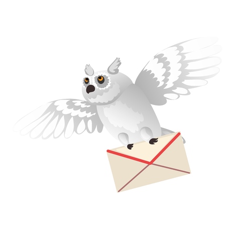 Animated polar owl holding a letter in its paws isolated on white background. Vector cartoon close-up illustrationのイラスト素材