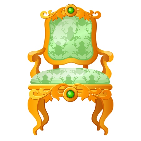 Golden fairy tale royal throne with a print in the form of a green frog isolated on whiteのイラスト素材
