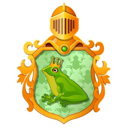 Golden ornate coat of arms or emblem with the image of a green frog in the royal crown isolated on whiteのイラスト素材