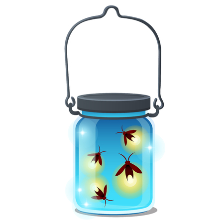 Glass transparent jar with glowing insects isolated on white background. Vector cartoon close-up illustrationのイラスト素材