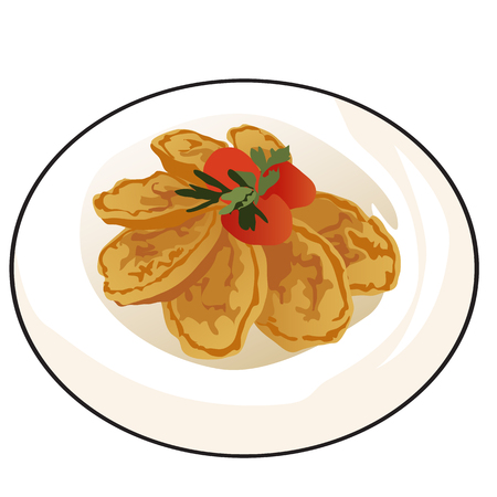 Delicious fried pancakes or pasties with ripe tomatoes and parsley leaves on white porcelain plate isolated on white background. Vector cartoon close-up illustrationのイラスト素材