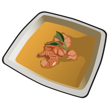 Delicious soup with shrimp on white porcelain plate isolated on white background. Vector cartoon close-up illustrationのイラスト素材