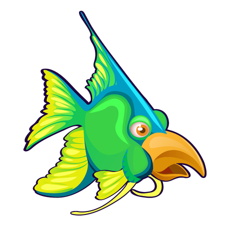 Fancy green fish with bird beak isolated on a white background. Cartoon vector close-up illustrationのイラスト素材