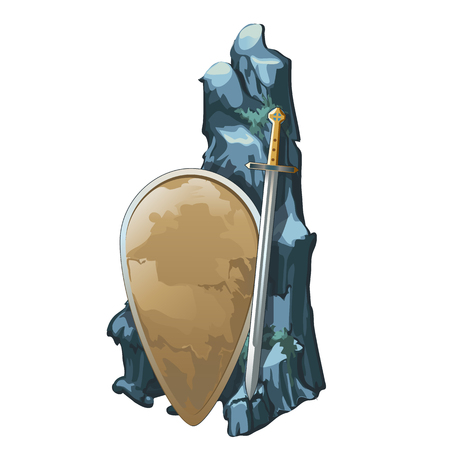 Shield and sword with stone is covered with silt isolated on whiteのイラスト素材