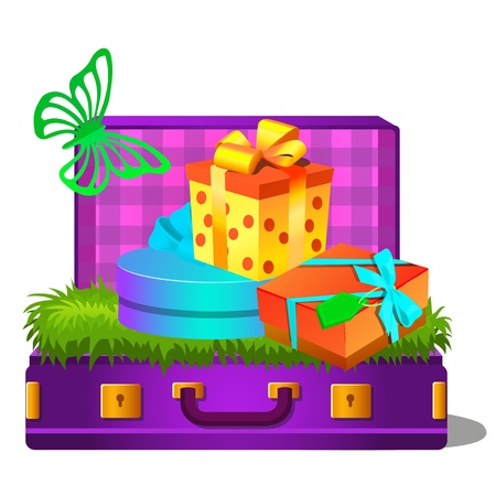 Suitcase and gift boxes isolated on white background. Vector cartoon close-up illustrationのイラスト素材