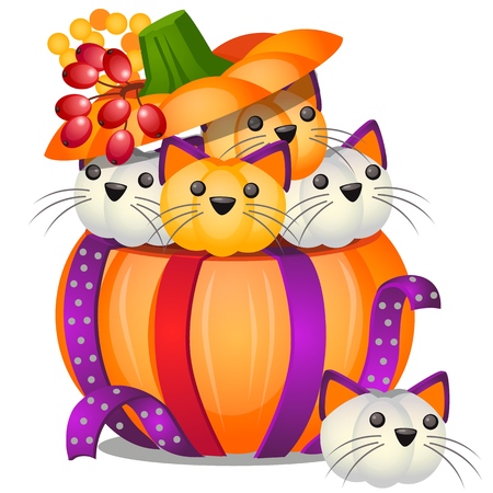 DIY pumpkin in the form of small kittens isolated on white background. Vector cartoon close-up illustrationのイラスト素材