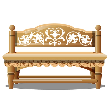 Elegant wooden bench with carved patterns isolated on white background. Vector cartoon close-up illustrationのイラスト素材