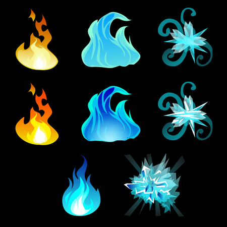 Set of templates symbols fire, water, wind and frost isolated on black background. Vector cartoon close-up illustrationのイラスト素材