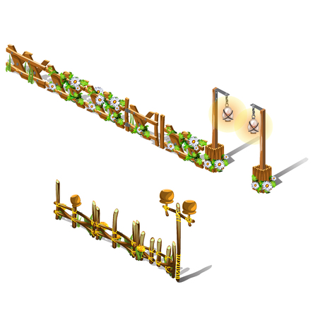 A set of fragments of a wooden fence decorated with fresh flowers isolated on white background. Vector cartoon close-up illustrationのイラスト素材