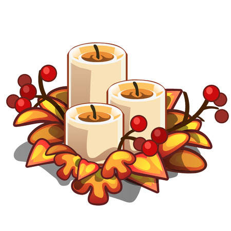 Decorative element on theme of Christmas and New year isolated on white background. Arrangement of candles, dry leaves and berries of holly. Sketch for card, poster, party invitation. Vector cartoonのイラスト素材