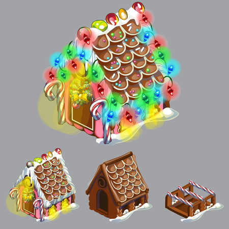 Stage of create of festive cake in shape of village house decorated in Christmas style isolated on grey background. Sweet festive pastries. Gingerbread house. Sketch for greeting card, festive posterのイラスト素材