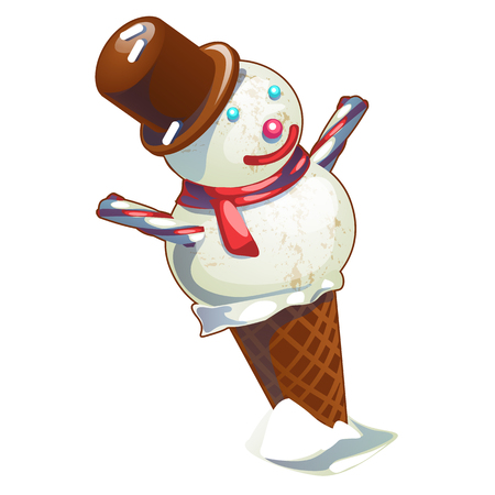 Ice cream in a waffle cone made in the Christmas style in the shape of a snowman isolated on white background. Vector cartoon close-up illustrationのイラスト素材