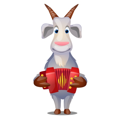 Funny goat with accordion isolated on white background. Vector cartoon close-up illustrationのイラスト素材