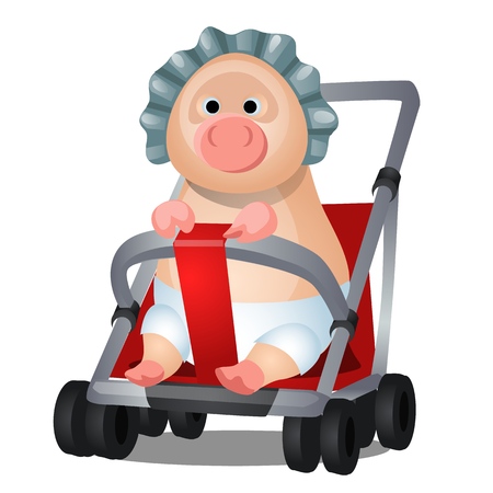Funny animated pig in the pram isolated on whiteのイラスト素材