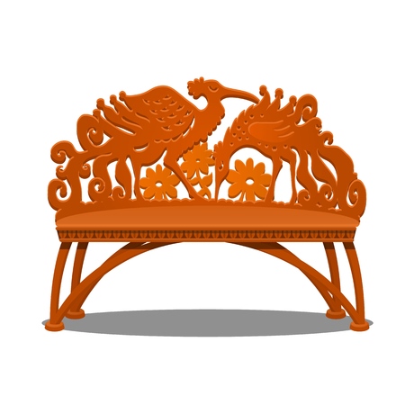 Wooden carved bench in the form of fantasy birds isolated on white background. Vector cartoon close-up illustrationのイラスト素材