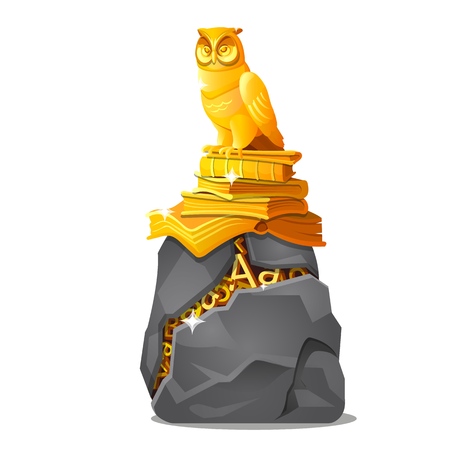 Golden owl statue on books and cracked stone with letters made of gold isolated on white background. Vector cartoon close-up illustrationのイラスト素材