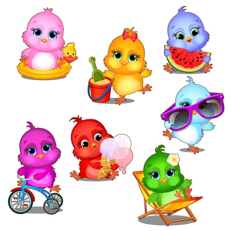 A set of cute little multicolored chicks having fun isolated on white background. Vector cartoon close-up illustrationのイラスト素材