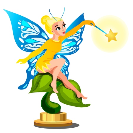 Statue of a young beautiful fairy girl with a magic wand isolated on white background. Vector cartoon close-up illustrationのイラスト素材