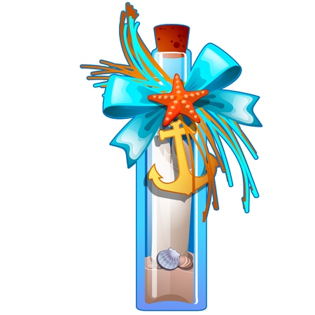 A beautiful souvenir from the trip in the form of a glass bottle with sand and shells isolated on whiteのイラスト素材