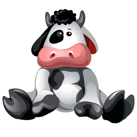Soft plush toy sitting spotted cow isolated on white background. Vector cartoon close-up illustrationのイラスト素材