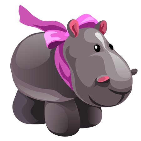 Soft toy plush grey Hippo with pink bow isolated on white background. Vector cartoon close-up illustrationのイラスト素材