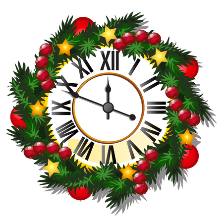 Vintage wall clock decorated with golden balls, spruce twig, stars, baubles isolated on whiteのイラスト素材