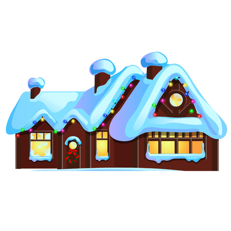 Set of cozy rustic small houses with glowing windows and Christmas decorations isolated on whiteのイラスト素材