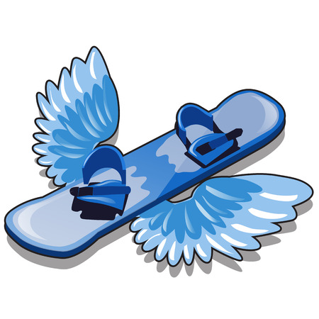 A snowboard with wings isolated on white background. Equipment for winter sports. Sample of poster, party holiday invitation, festive card. Vector cartoon close-up illustrationのイラスト素材