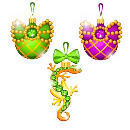 Sketch with Christmas tree decorations different forms isolated on white background. Colorful festive glass baubles. Template of poster, invitation, other card. Vector cartoon close-up illustration.のイラスト素材
