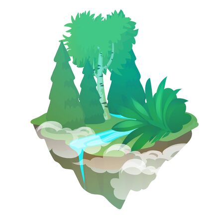 Fragment of forest with a stream isolated on a white background. The flying island. Vector cartoon close-up illustrationのイラスト素材