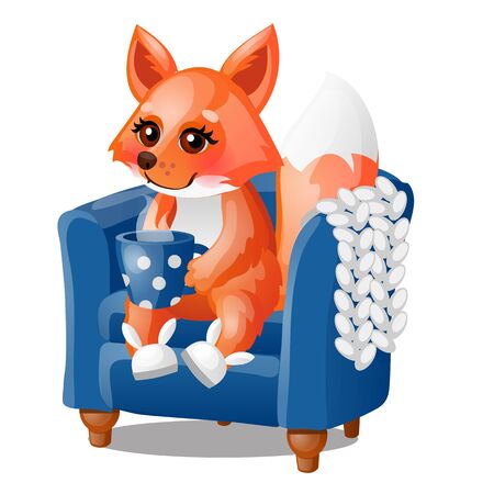 Cute smiling fox drinks hot tea in a soft chair isolated on a whiteのイラスト素材