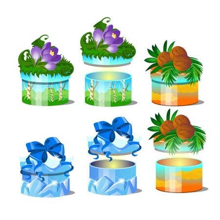 Set of gift boxes with natural decoration, colorful wrapped paper, isolated on white background. Sketch for greeting card, festive poster, party invitation. Vector cartoon close-up illustration.のイラスト素材