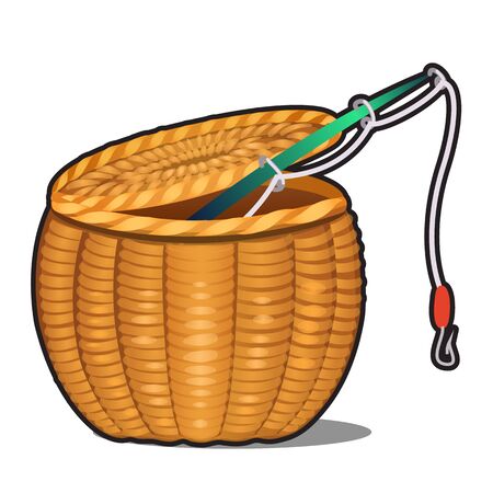 Fishing rod in wicker basket isolated on white background. Vector cartoon close-up illustration.のイラスト素材