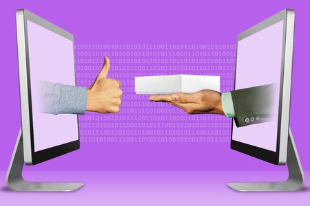 information concept, two hands appear from laptops. thumbs up, like on the letf and hand with white tablet computer box on the right. illustrationの写真素材