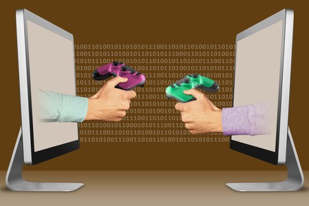 information concept, hands from monitors. game pad and game pad . 3d illustration