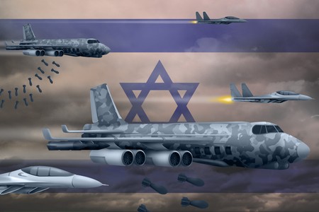 Israel bomb air strike concept. Modern Israel war airplanes bombing on flag background. 3d Illustrationの写真素材