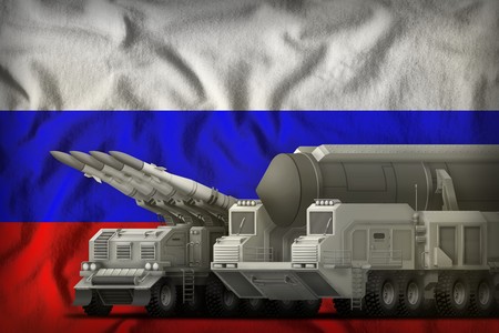 rocket forces on the Russia flag background. Russia rocket forces concept. 3d Illustrationの写真素材