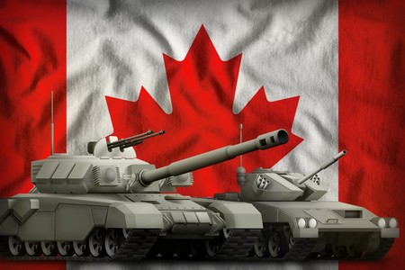 tanks on the Canada flag background. Canada tank forces concept. 3d Illustrationの写真素材
