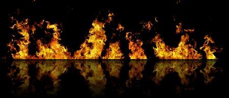 Real fire line flames with reflection isolated on black background. Mockup fire wall.