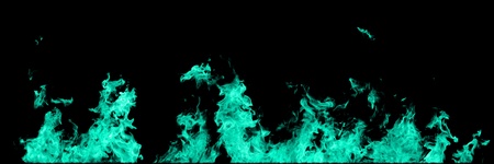 Real teal, sea-green fire line flames isolated on black background. Mockup fire wall.