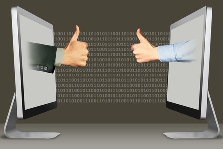 online concept, hands from computers. thumbs up, like and thumbs up, like . 3d illustration